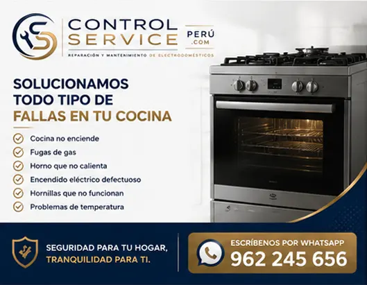 Control Service Perú Reparamos cocinas que no encienden, fugas de gas, hornillas dañadas y problemas de horno.