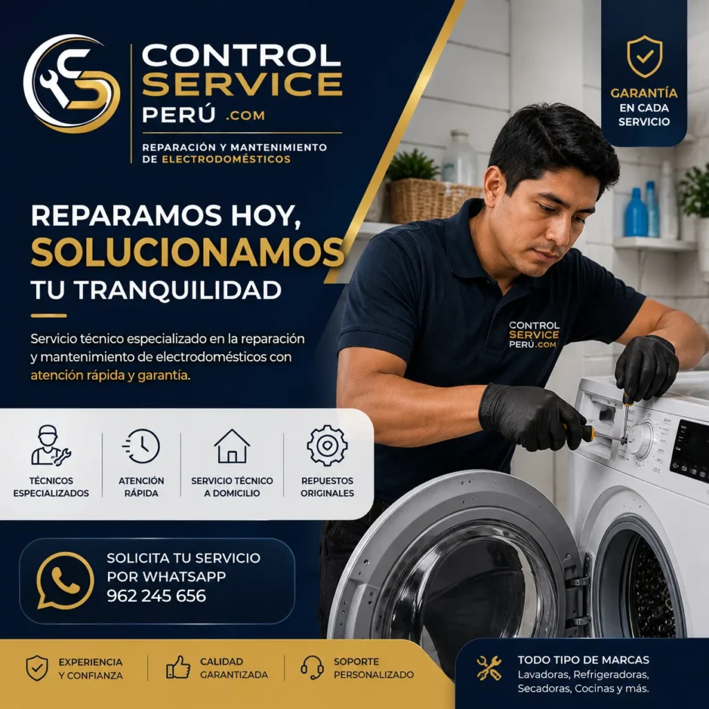 Técnico profesional de Control Service Perú trabajando en lavadora automática