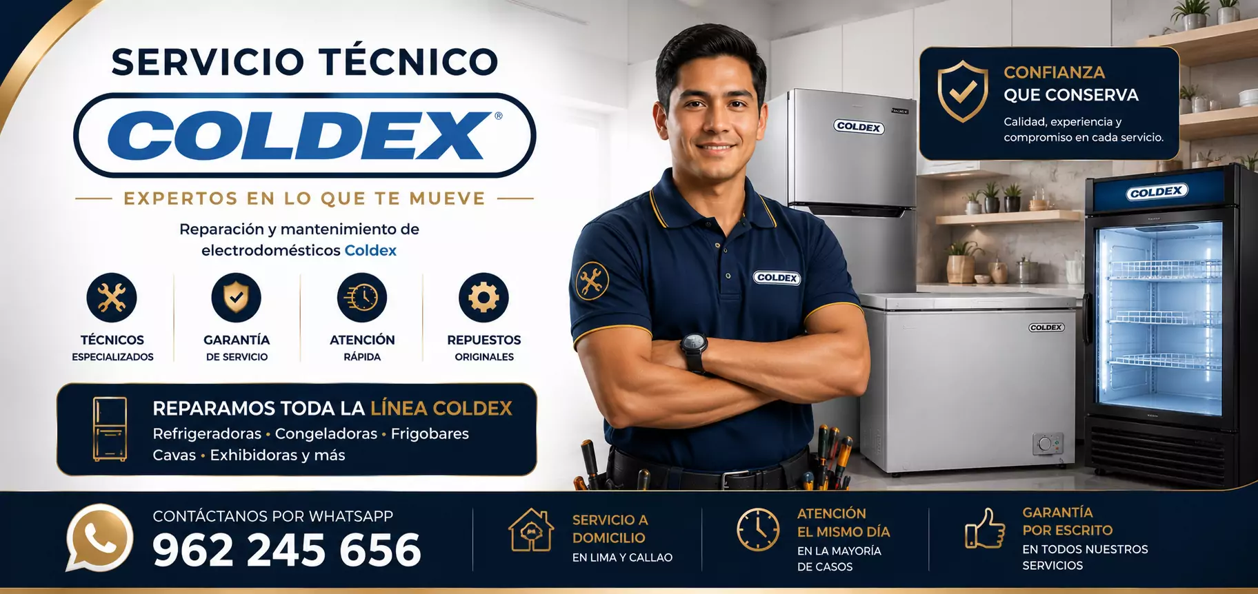 Técnico especializado realizando mantenimiento de congeladora Coldex a domicilio.